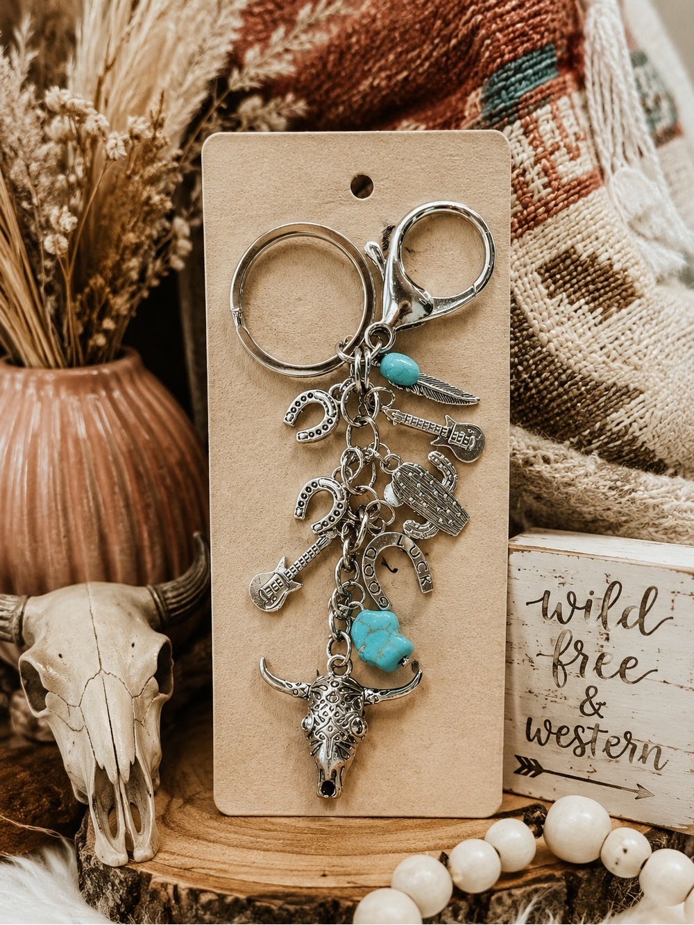 Western Longhorn Silver Charm Bag Keychain Boho Cowgirl Turquoise Horseshoe